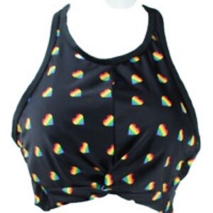 Sirena Brand Black Bikini/Tankini Top with rainbow Hearts High Neck Size 2XL